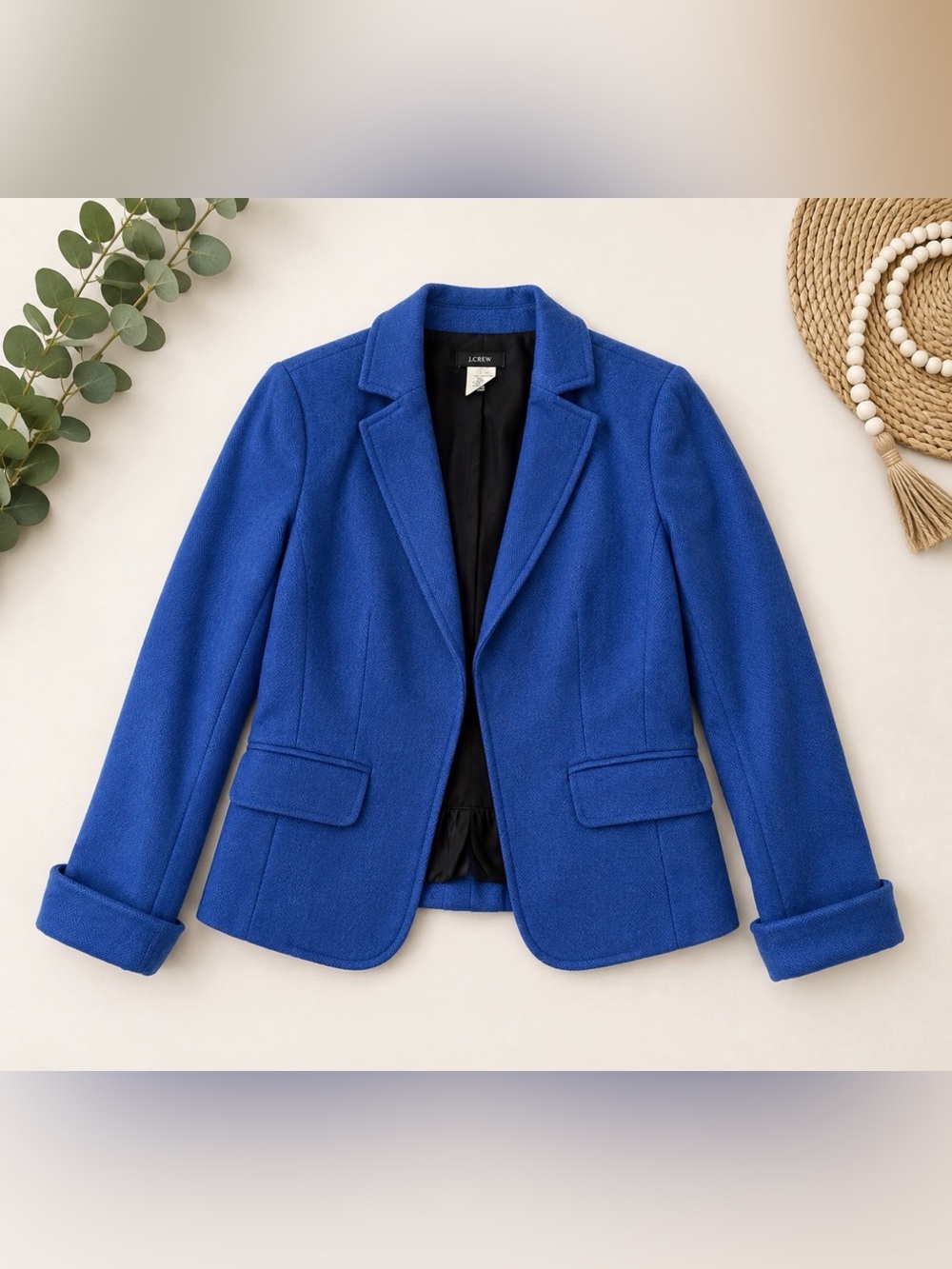 J.Crew 100% Wool Cobalt Blue Herringbone Blazer Jacket Size 10 Preppy
